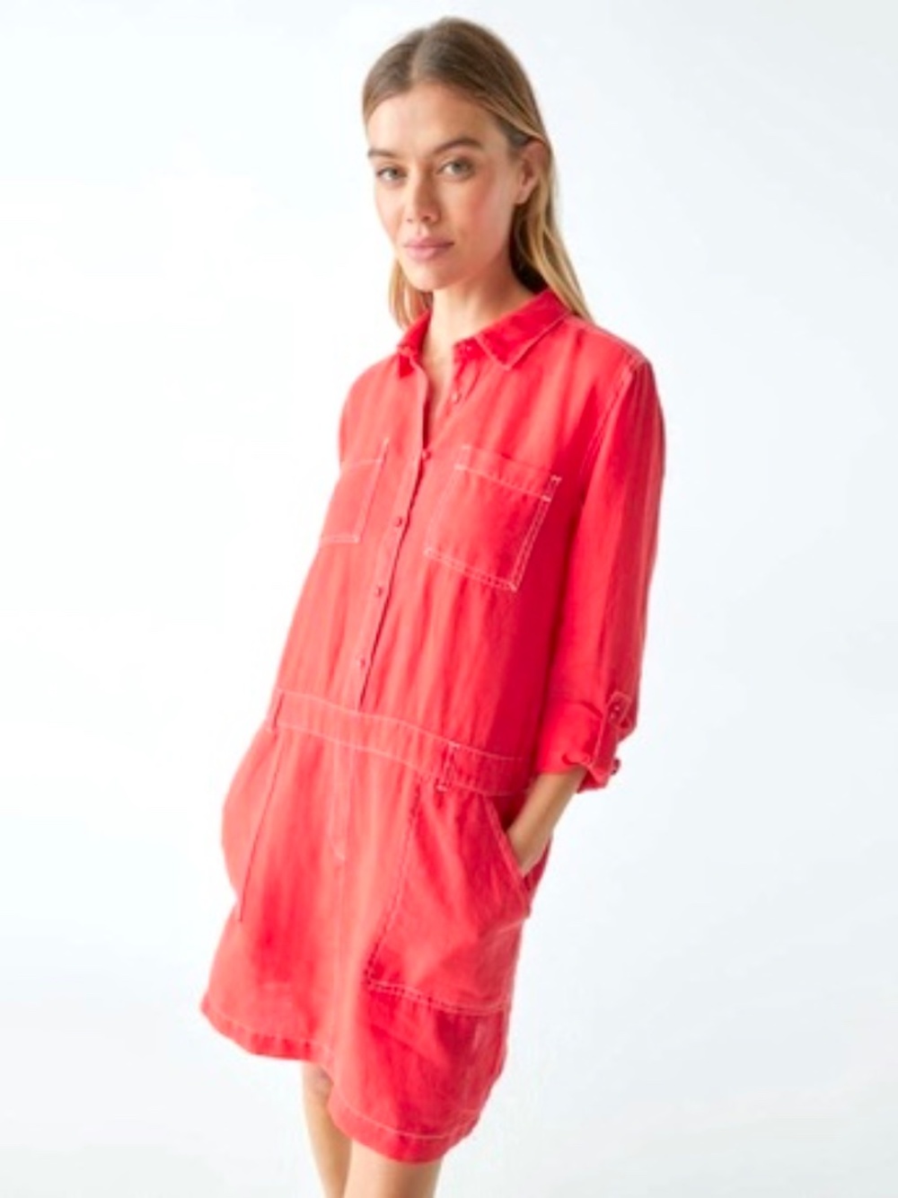 MICHAEL STARS Pilar 100% Line Shirt Dress w/ Roll Tab Sleeves in Pomodoro -S